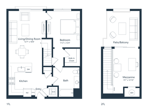 Floor plan for 1 bed, 1 bath, 981 sqft